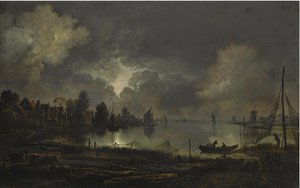 Blick auf eine Stadt am See im Mondlicht, mit zum Trocknen aufgehängten Netzen