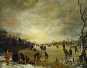 Winterlandschaft bei Sonnenuntergang mit Menschen, die Golf spielen und Schlittschuh laufen