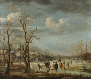 Winterlandschaft bei einer Stadt mit kahlen Bäumen