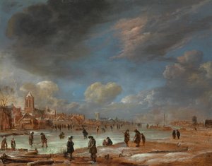 Winterlandschaft bei einer Stadt mit Kolfspielern von Aert van der Neer