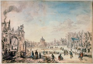 Winterlandschaft mit Schlittschuhläufern, niederländisches Gemälde des 17. Jahrhunderts