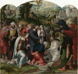 Die Auferweckung des Lazarus, Mittelteil des Triptychons, um 1530 von Aertgen Claesz van Leyden