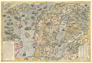 Eine getreue Reproduktion der Carta marina (eine Wandkarte von Skandinavien von Olaus Magnus, veröffentlicht 1539)