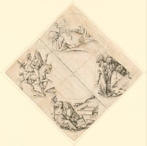 Entwurf für ein Vierpass mit einer Burg, zwei Liebenden, einer von einem Narren verführten Jungfrau, einem Paar, das an einem Trog sitzt, und einem Ritter und seiner Geliebten auf einem Pferd von After The Master of the Housebook