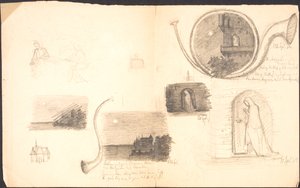 Skizzenblatt mit verschiedenen Motiven und Notizen von Agnes Slott Møller