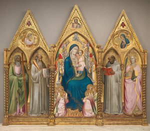 Madonna und Kind mit den Heiligen Andreas, Benedikt, Bernhard und Katharina von Alexandria mit Engeln [gesamtes Triptychon]