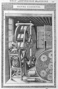 Automatische Bibliothek. Basierend auf einem Projekt von Agostino Ramelli in „Diverse und Artificiose Maschinen“ und Mailand 1600.