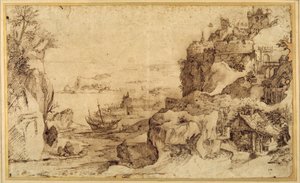 Abwärtsblick auf einen befestigten Hafen von Agostino (attr. to) Carracci