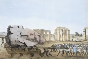 Art und Weise, wie der Kopf des jungen Memnon entfernt wurde, aus Platten zur Veranschaulichung der Forschungen in Ägypten und Nubien, Giovannie Battista Belzoni, veröffentlicht 1822 von Agostino Aglio