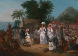 Ein Leinenmarkt mit einem Leinenstand und Gemüsehändler in Westindien