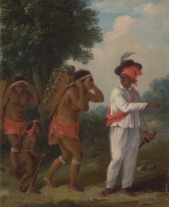 Westindischer Farbiger, der zwei Karibische Frauen mit einem Kind dirigiert, ca. 1780