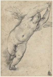 Fliegender Putto mit erhobenen Armen