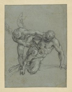 Amor überwältigt Pan (recto); Kopf eines Mönchs; Karikatur eines Mannes im Profil (verso) von Agostino Carracci