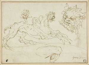 Vier Skizzen: Greif, Grotesker Kopf, Kopf eines Satyrs, Gebogenes Bein