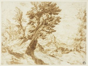 Hügelige Landschaft mit Stadt in der Ferne von Agostino Carracci
