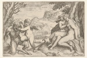 Die Liebe besiegt alles Omnia vincit Amor, im Kampf mit einem Satyr