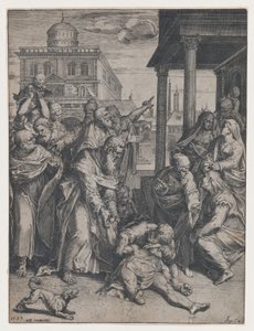 Der heilige Paulus erweckt Patroklos, der am Boden liegt, umgeben von einer Gruppe von Zuschauern, 1583 von Agostino Carracci