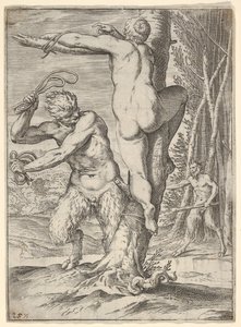 Satyr peitscht eine Nymphe, die von hinten gezeigt und an einen Baum gebunden ist