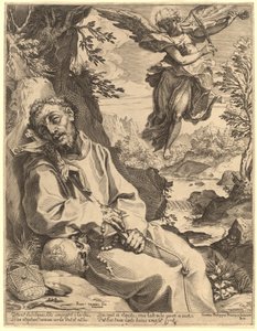 Der heilige Franziskus von einem musikalischen Engel getröstet von Agostino Carracci after Francesco Vanni
