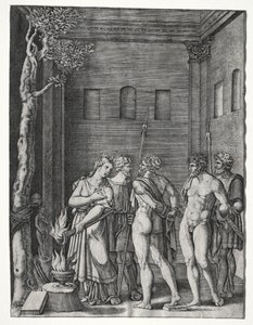 Orestes und Pylades werden Iphigenie zum Opfer gebracht, 1514-1536 von Agostino Musi