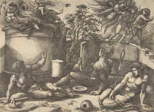 Kain hält einen Spiegel und beobachtet sein Opfer in Flammen, Adam und Eva sitzen, ca. 1530-50 von Agostino Veneziano