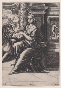 Keuschheit, eine sitzende Frau, ein Einhorn zu ihrer Rechten, ca. 1515-30 von Agostino Veneziano