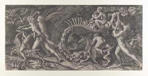 Lo Stregozzo: eine weibliche Hexe reitet auf einem Tierskelett, gefolgt von zwei Männern, ca. 1515-25