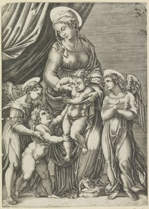 Maria mit Kind und der junge Johannes der Täufer von Agostino Veneziano