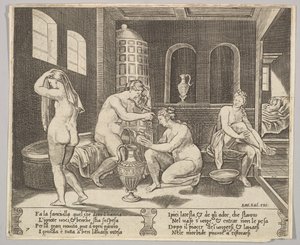 Tafel 7: Psyche wird in ihrem Bad von Nymphen bedient, im Hintergrund rechts Psyche repr..., ca. 1520-36