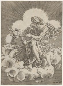 St. Matthäus, auf einer Wolke sitzend und eine Feder in ein Tintenfass tauchend, gehalten von einem Engel..., ca. 1518-20