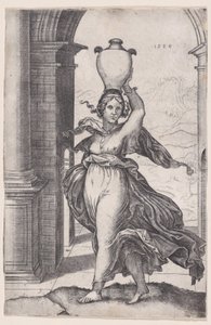 Frau, die eine Vase auf dem Kopf trägt, datiert 1528 von Agostino Veneziano