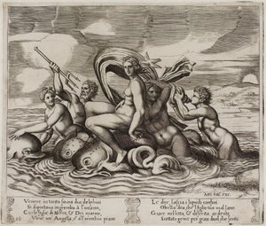 Psyche wird in ihrem Bad von unsichtbaren Nymphen bedient von Agostino dei Musi