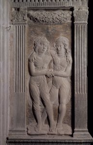 Zwillinge dargestellt durch die Zwillinge, aus einer Serie von Reliefs, die die planetarischen Symbole und Sternzeichen darstellen, ca. 1450 (Gips)