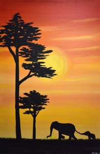 Elefantenfamilie Sonnenuntergang