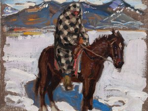 Ureinwohner auf einem Pferd im Schnee von Akseli Gallen-Kallela