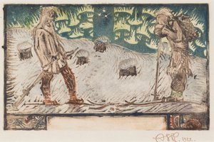 Zwei Skifahrer, Titelvignette für ein Gedicht im Großen Kalevala von Akseli Gallen-Kallela
