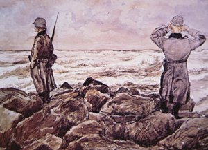 Zwei Deutsche an der Küste Frankreichs blicken am Vorabend der Normandie-Kampagne nach England