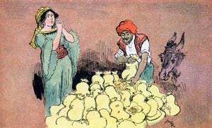 Ali Baba zeigt seiner Frau die Goldsäcke. Illustration von Albert Robida für Ali Baba und die vierzig Räuber, 1945, Privatsammlung von Albert (after) Robida