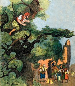Ali Baba belauscht eine Gruppe von vierzig Dieben, die ihren Schatz besuchen. Illustration von Albert Robida für Ali Baba und die vierzig Räuber