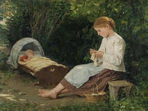 Strickendes Mädchen, das ein Baby in der Wiege beobachtet von Albert Anker