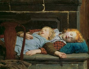 Zwei schlafende Mädchen auf der Ofenbank von Anker, Albert (1831-1910). Öl auf Leinwand von Albert Anker