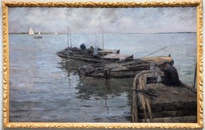 An der unteren Schelde, letzte Strahlen, Fischer vertäut von Albert Baertsoen