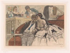 Mann und Frau, die auf einer roten Bank an der Bar eines Theaters sitzen (Le gandin ivre) von Albert Bertrand (attributed to)