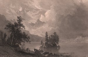 Ansicht des Lake Esther, Sierra Nevada, Kalifornien, Vereinigte Staaten, Stahlstich von Robert Hinshelwood nach einem Gemälde von Albert Bierstadt, ca. 19x14 cm von Albert Bierstadt