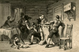 Puritaner verbarrikadieren ihr Haus gegen Indianer, 1877 von Albert Bobbett