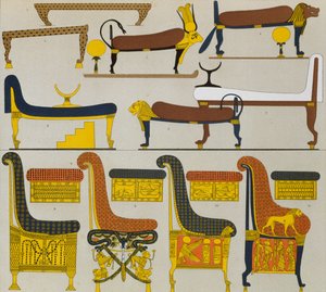 Alte ägyptische Möbel, Lithografie von Spiegel, aus Le Costume Historique, Bd. II, von Auguste Racinet