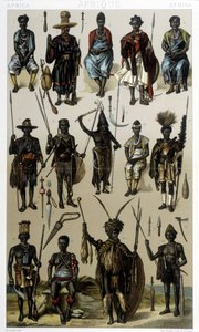 Kostüme von Guinea, Senegal und Gabun. Illustration in „Le costume historique“ von Racinet