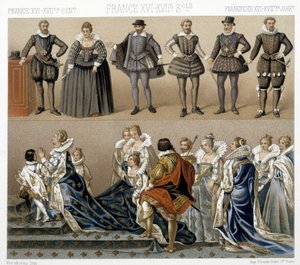 Kostüme von Königin Marguerite von Frankreich (unten) und Heinrich IV. (oben) im 17. und 18. Jahrhundert. Illustration in „Le costume historique“ von Racinet von Albert Charles August Racinet