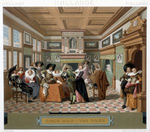 Niederländer in Kostümen und in einem Interieur des 18. Jahrhunderts. Illustration in „Le costume historique“ von Racinet von Albert Charles August Racinet