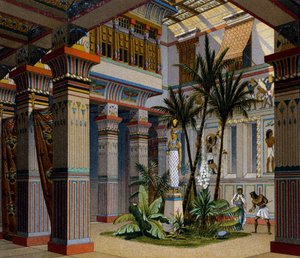 Ägypten, Innenraum eines wohlhabenden Hauses im Alten Reich, Lithografie von Charpentier, aus Le Costume Historique, Bd. II, von Auguste Racinet